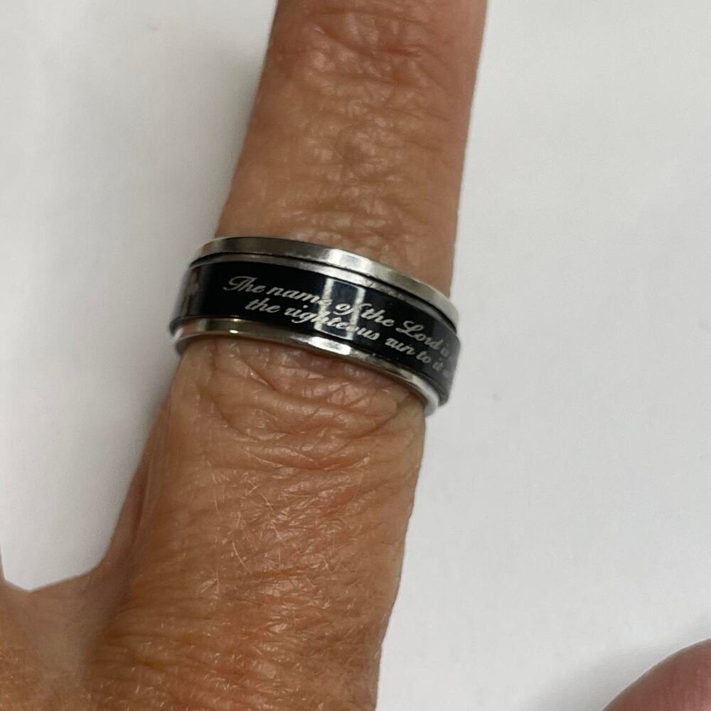 Men's or women's ring band wedding cuff black silver tone Proverbs 18:10 etched